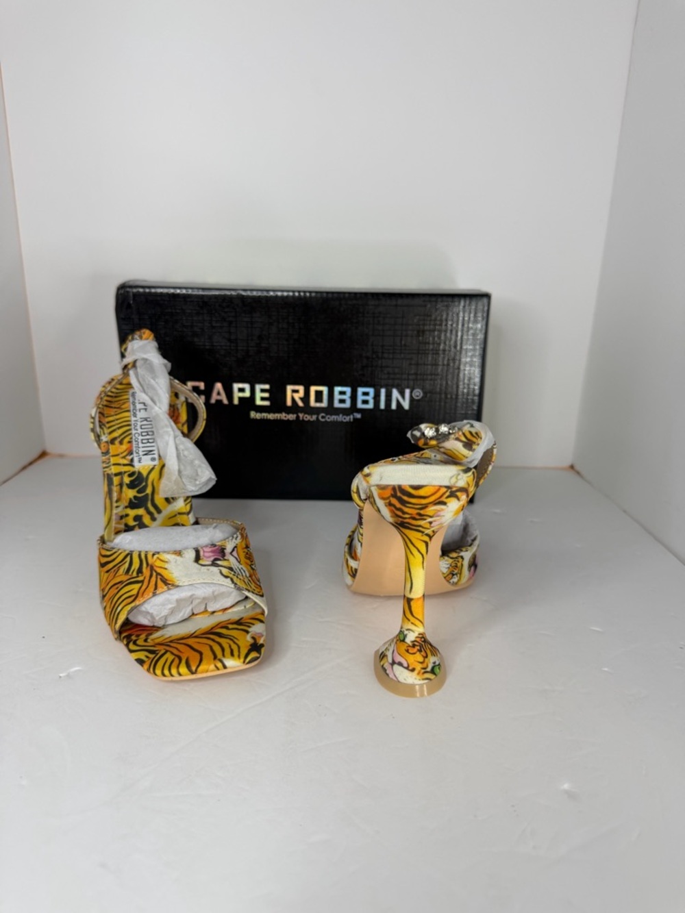 Cape Robbin Yellow Tiger-Print Open-Toe Heels with Orange Accent - Picture 6 of 9